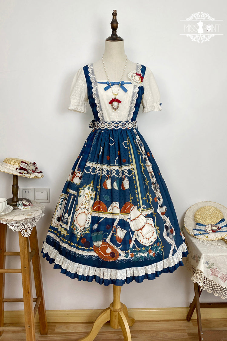 Dark Blue Tea Party Short Sleeves Print Ruffle Bowknot Lace Sweet Elegant Lolita Dress