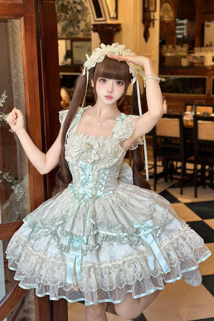 Light Green Dreaming Butterfly Multi-Layered Jacquard Ruffle Bowknot Lace Sweet Princess Lolita Jsk Dress