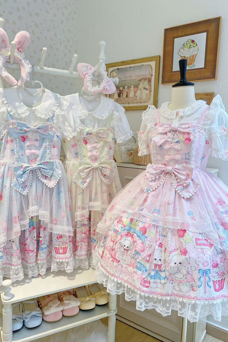 Pink Cute Rabbit Sweet Cake Print Ruffle Bowknot Lace Sweet Lolita Jsk Dress