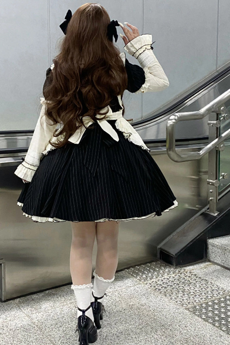 Black Short Sleeves Stripe Print Ruffle Bowknot Sweet Plus Size Maid Lolita Dress