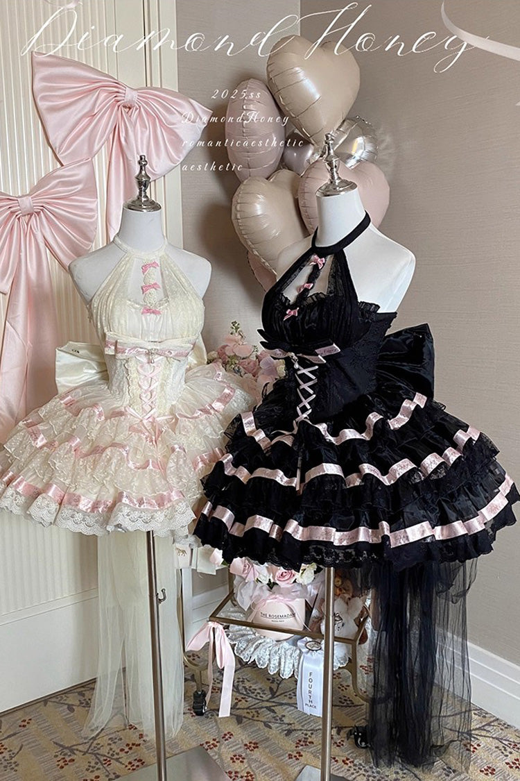 Black Ballet Dream Halterneck Triple-Layered Ruffle Bowknot Lace-Up Sweet Princess Lolita Dress