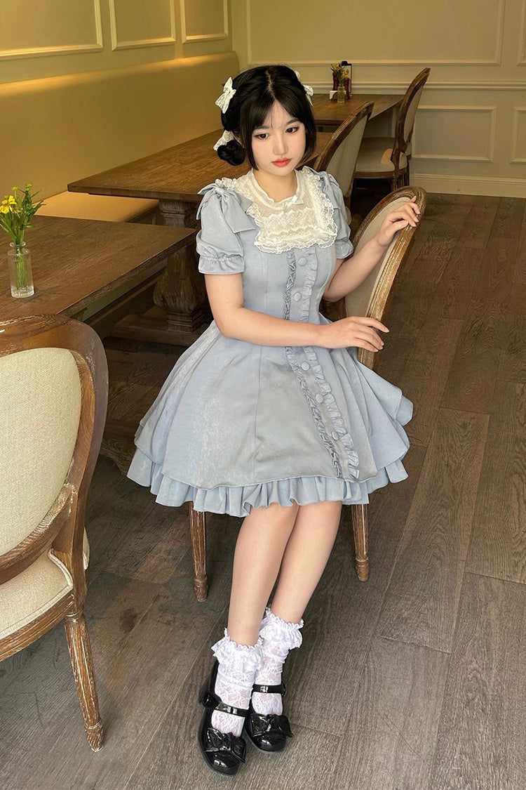 Light Blue Annie's Gift Short Sleeves Bowknot Short Version Sweet Lolita Dress (Plus Size Support)