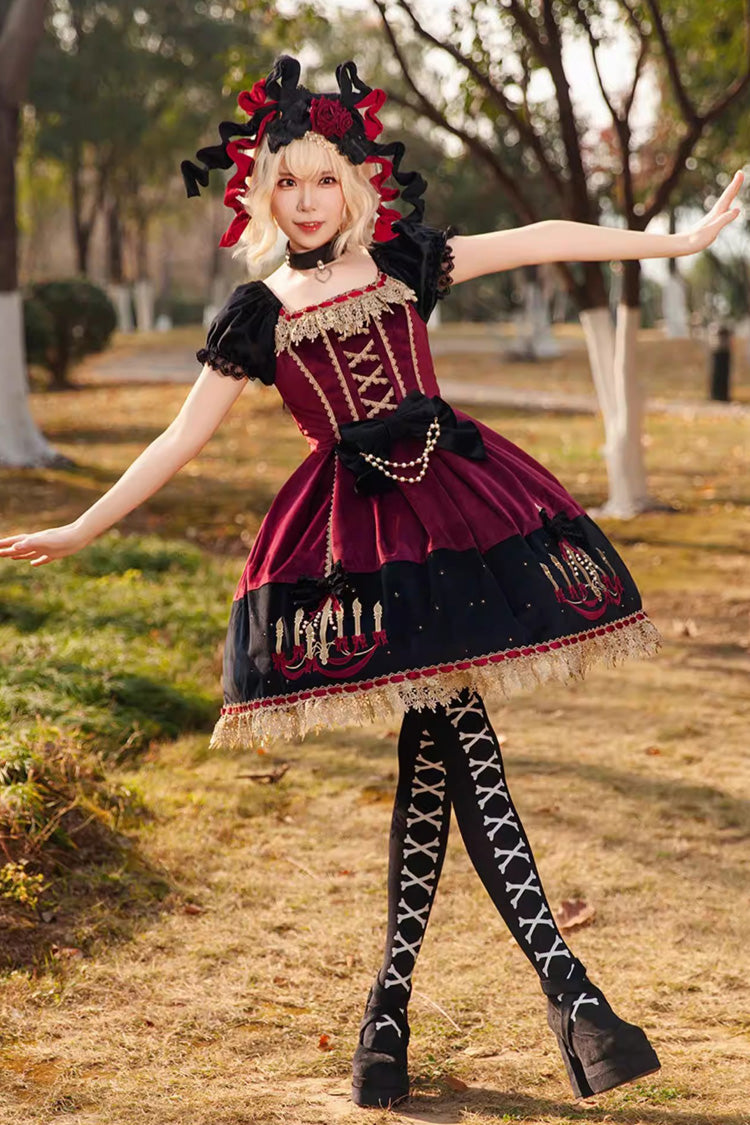 Chandelier Printed Sweet Short Sleeves Bow Lace-Up Pearl-Decorated Lolita Dress 4 Colors