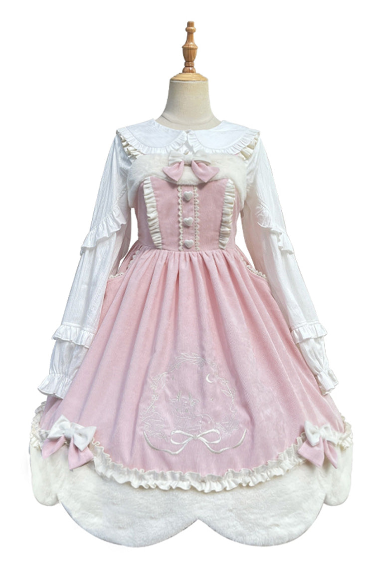 Pink Deer Print Embroidery Bowknot Princess Autumn Winter Sweet Lolita JSK Dress