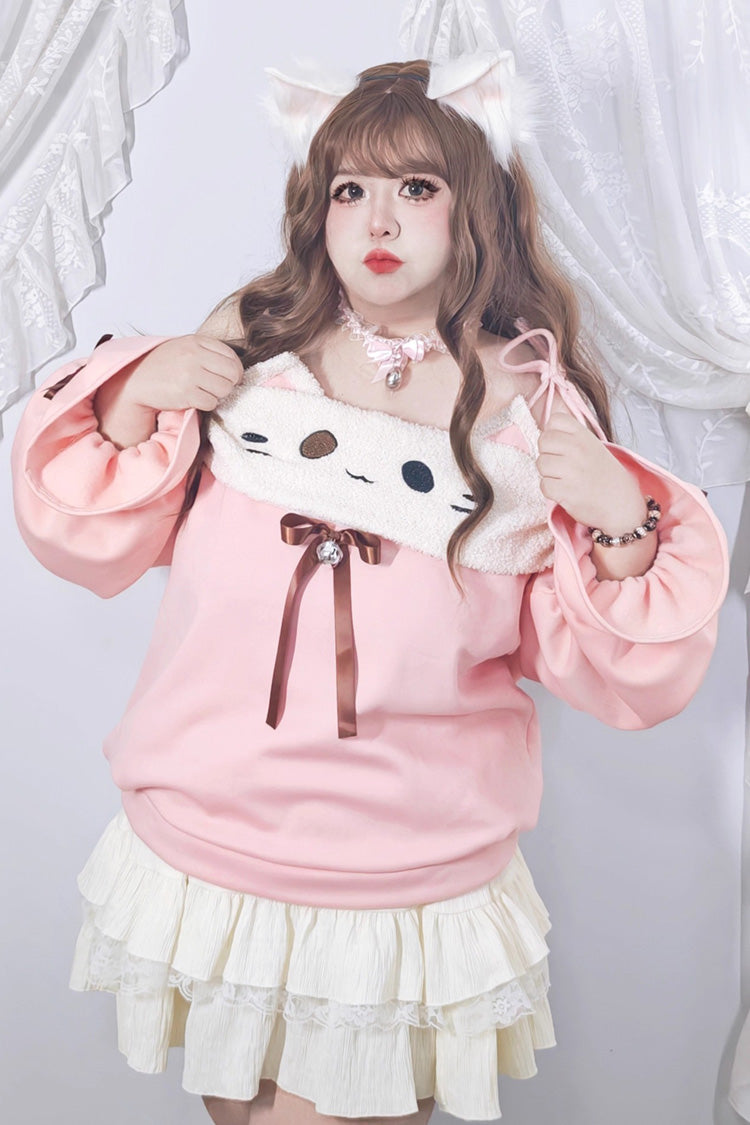 Pink/Beige Kitten Plus Size Boat Neck Long Lantern Sleeves Multi-Layered Ruffle Lace Sweet Lolita Skirt Set