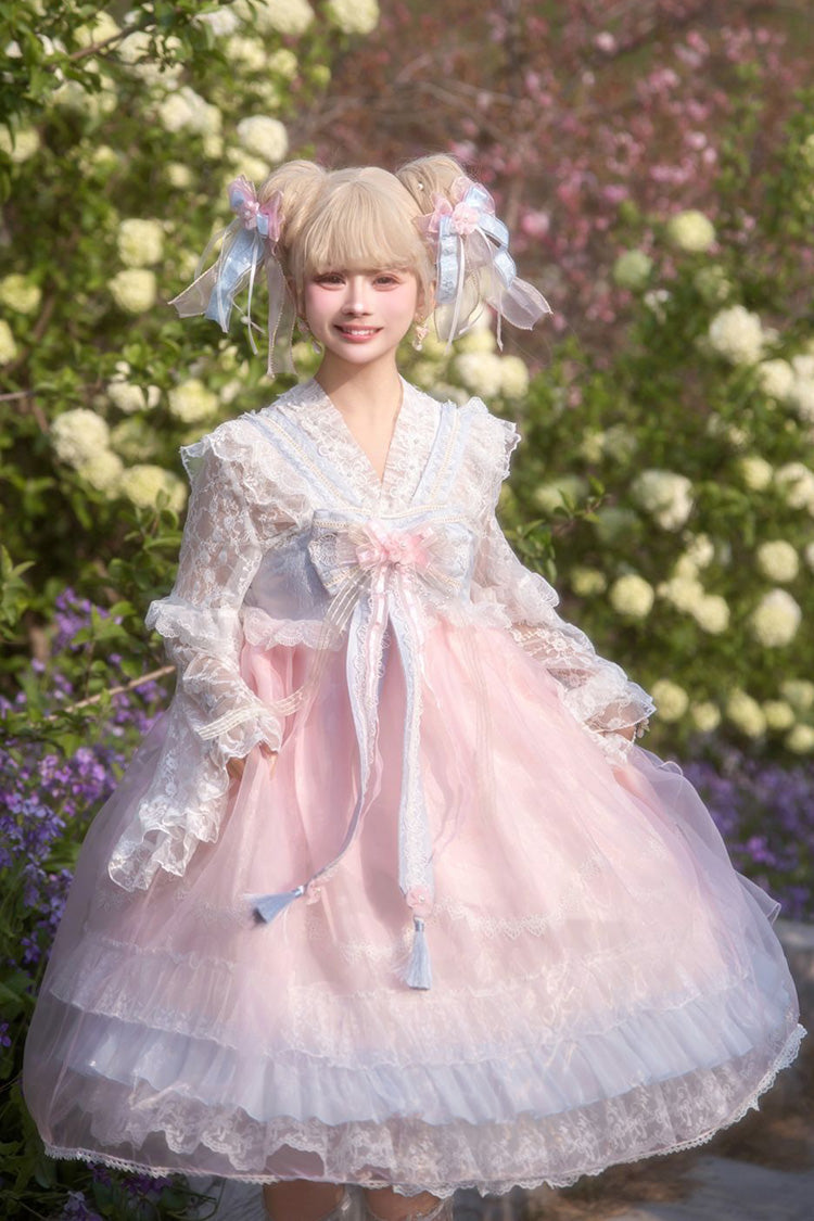 Peach Blossoms in Spring Fields Sleeveless Ruffle Bowknot Lace Sweet Chinese Style Lolita Jsk Dress 3 Colors