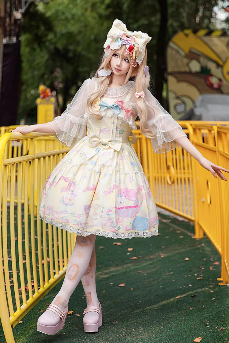 Yellow Macaron Dolly House Sleeveless Print Bowknot Sweet Lolita Jsk Dress