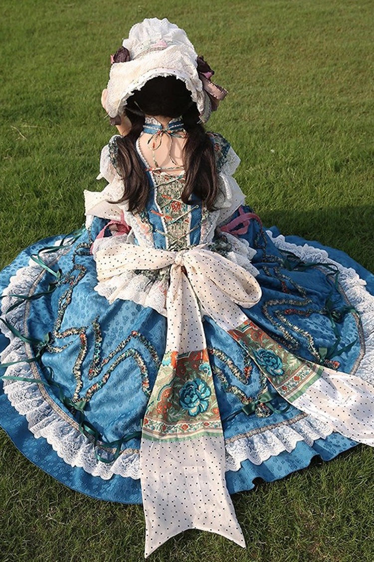 Blue Lake Monet Sleeveless High Waisted Print Ruffle Cardigan Bowknot Lace-Up Classic Vintage Elegant Princess Lolita Jsk Dress
