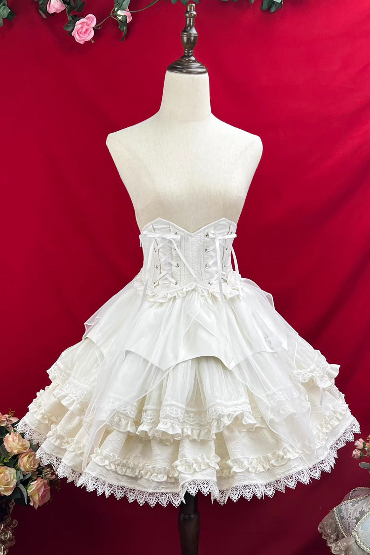 White The Angel of Good and Evil Multi-Layered Ruffled Lace Sweet Elegant Lolita Skirt (Corset Belt Included)