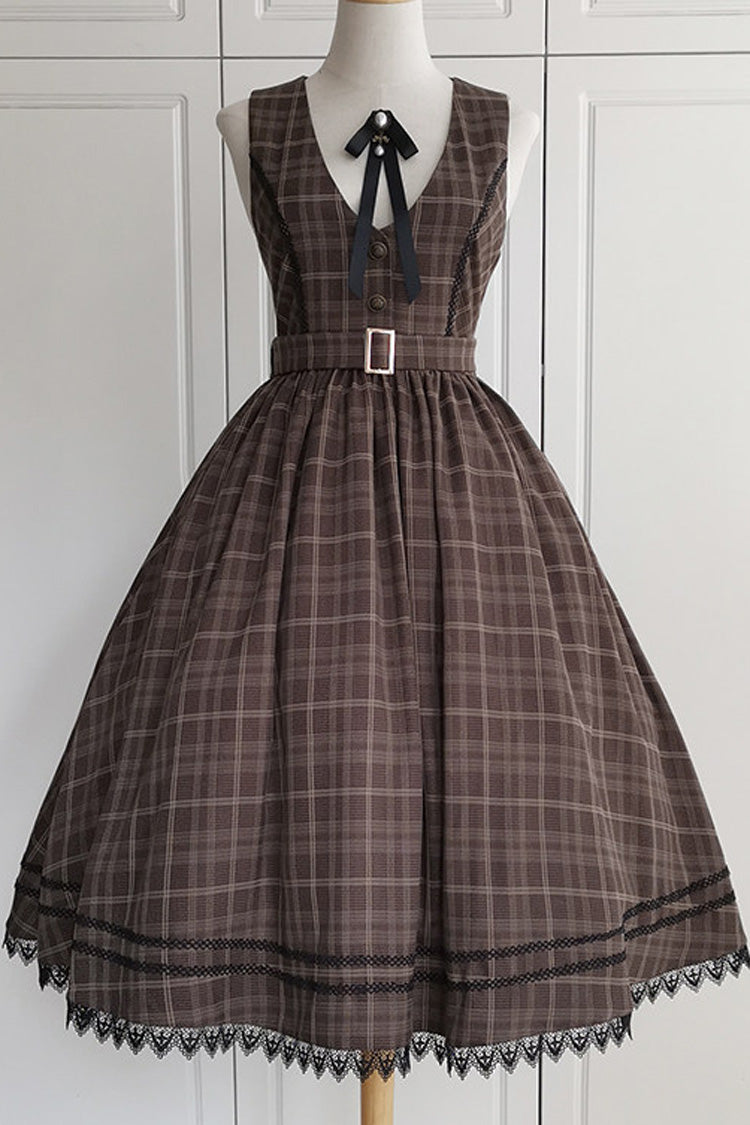 Brown Poem of Greina V Collar Sleeveless High Waisted Printed Classic Elegant Lolita Jsk Dress