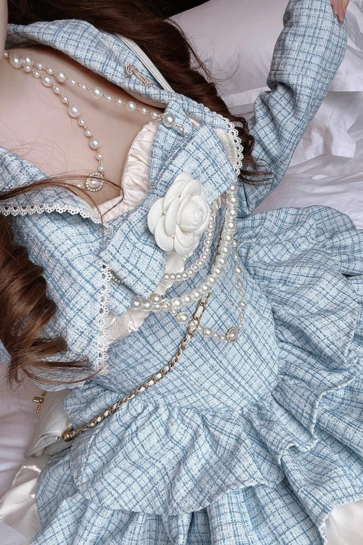 Camellia Blue Miss Plaid Print Ruffle Bowknot Sweet Lolita Dress