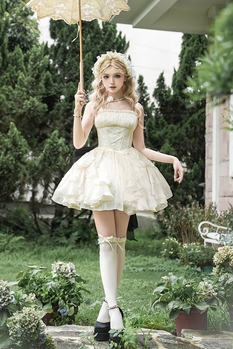 Ivory Moonlight Variations Sleeveless Ruffle Lace-Up Sweet Lolita Jsk Short Dress