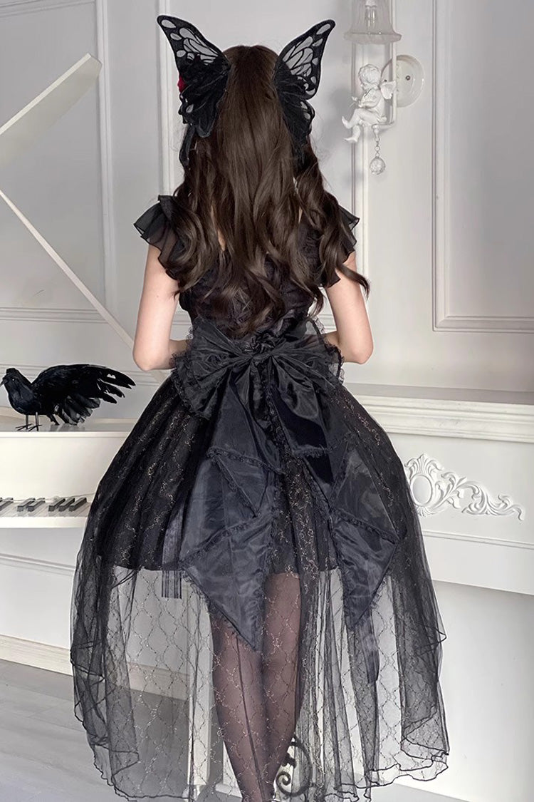Black Short Sleeves Ruffle Rose Bowknot Elegant Princess Gothic Lolita Tiered Dress