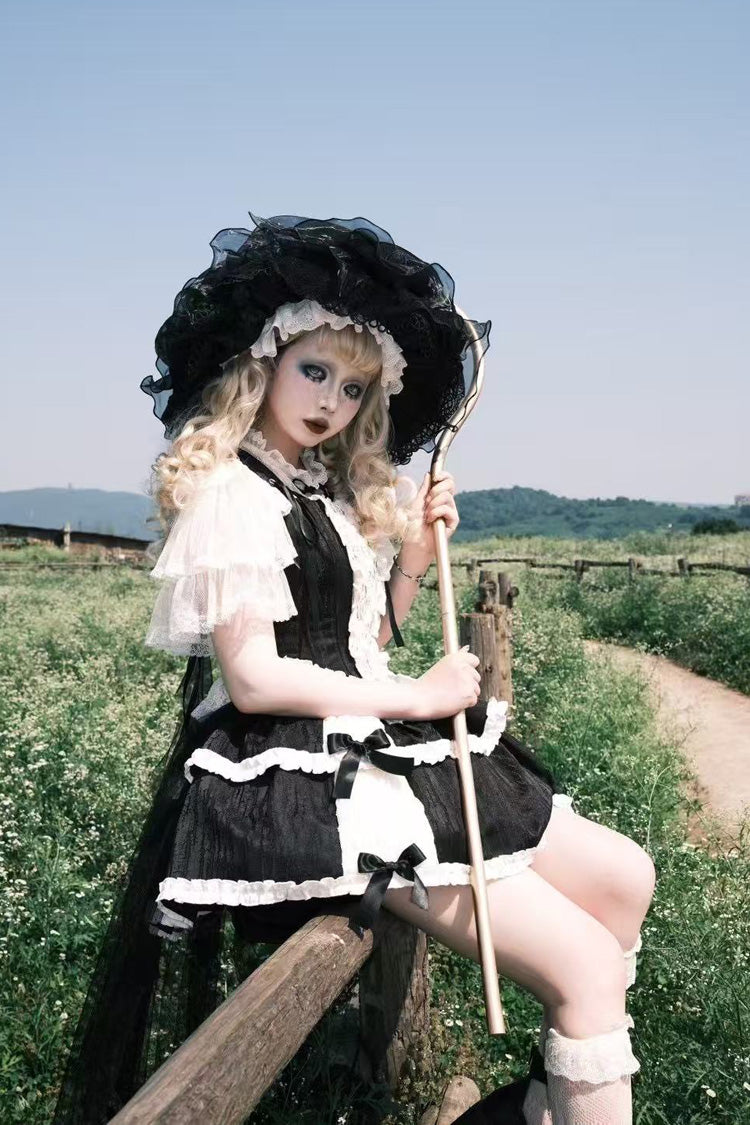 Black Twilight Double-Layered Ruffle Bowknot Lace Gothic Elegant Ballet Lolita Skirt Set