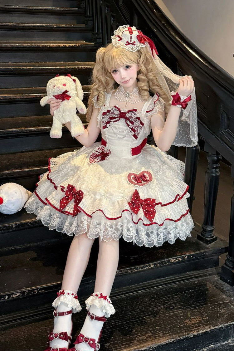 White Polka-Dot Love Letter Sleeveless Double-Layered Bowknot Lace Pearl Sweet Lolita Jsk Dress