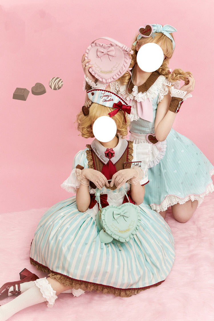 Green Jenny's Chocolate Short Sleeves Vertical Stripes Print Ruffle Bowknot Sweet Lolita Dress
