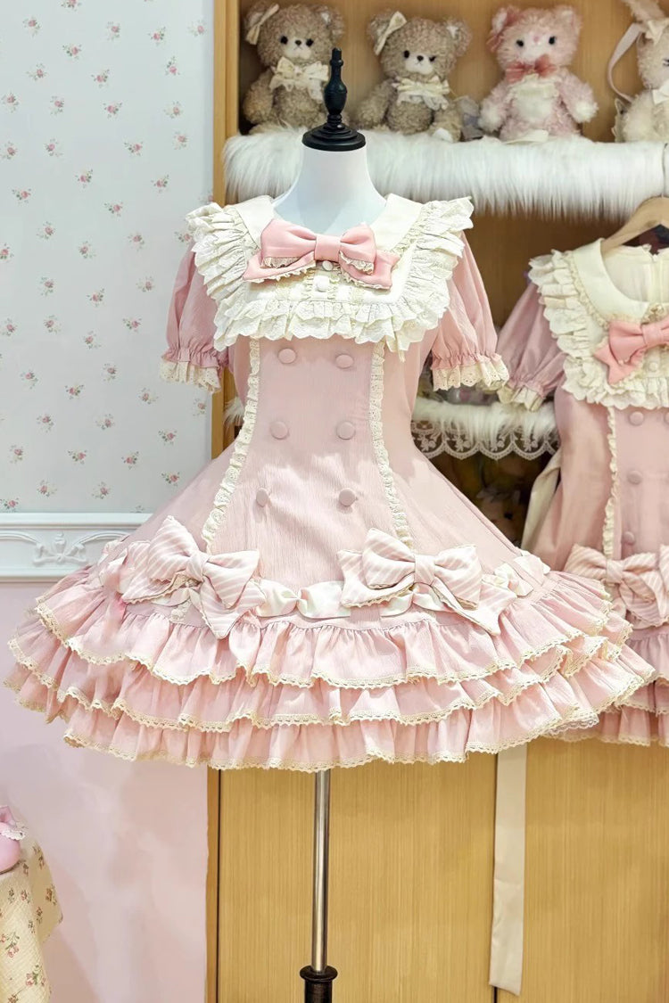 Pink Striped Layered Short Sleeves Multi-Layered Ruffle Bowknot Sweet Princess Lolita Tiered Dress