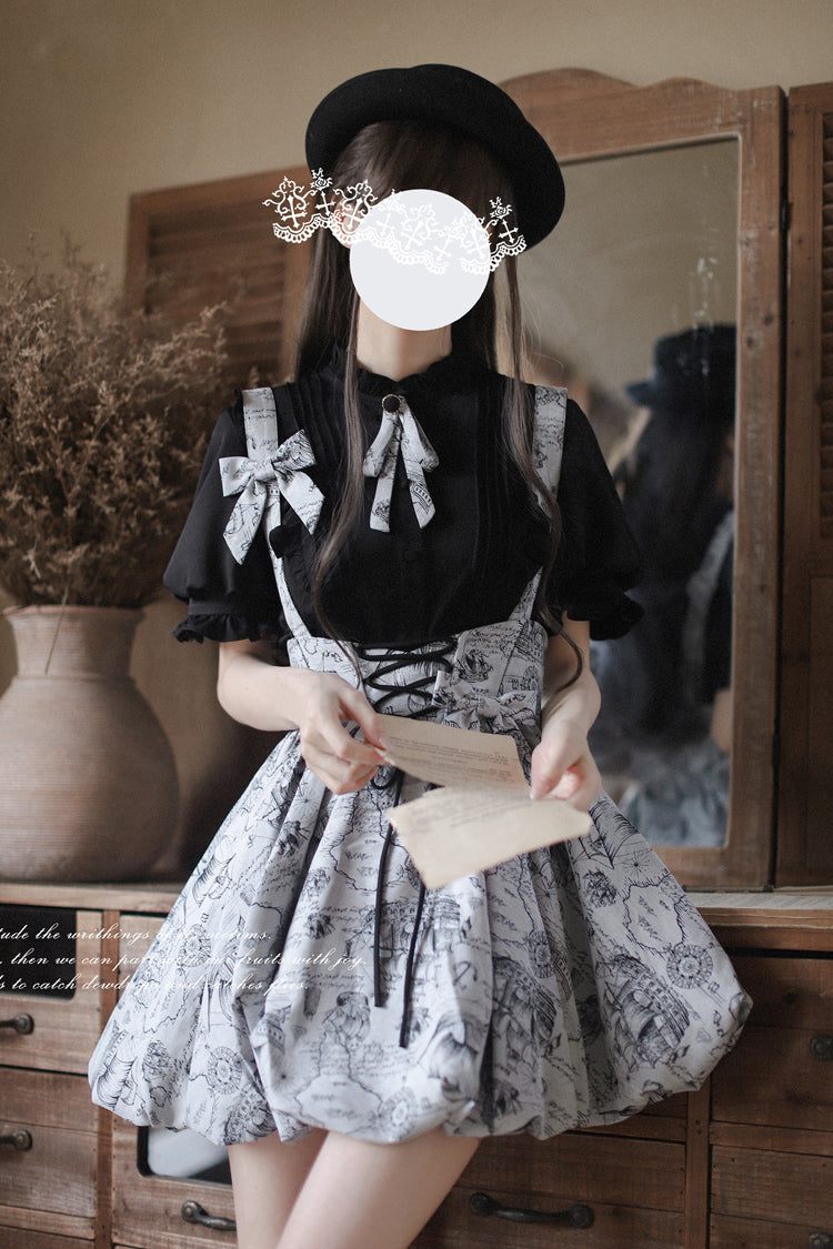 Grey Elise Print Bowknot Lace-Up Sweet Vintage Lolita Skirt
