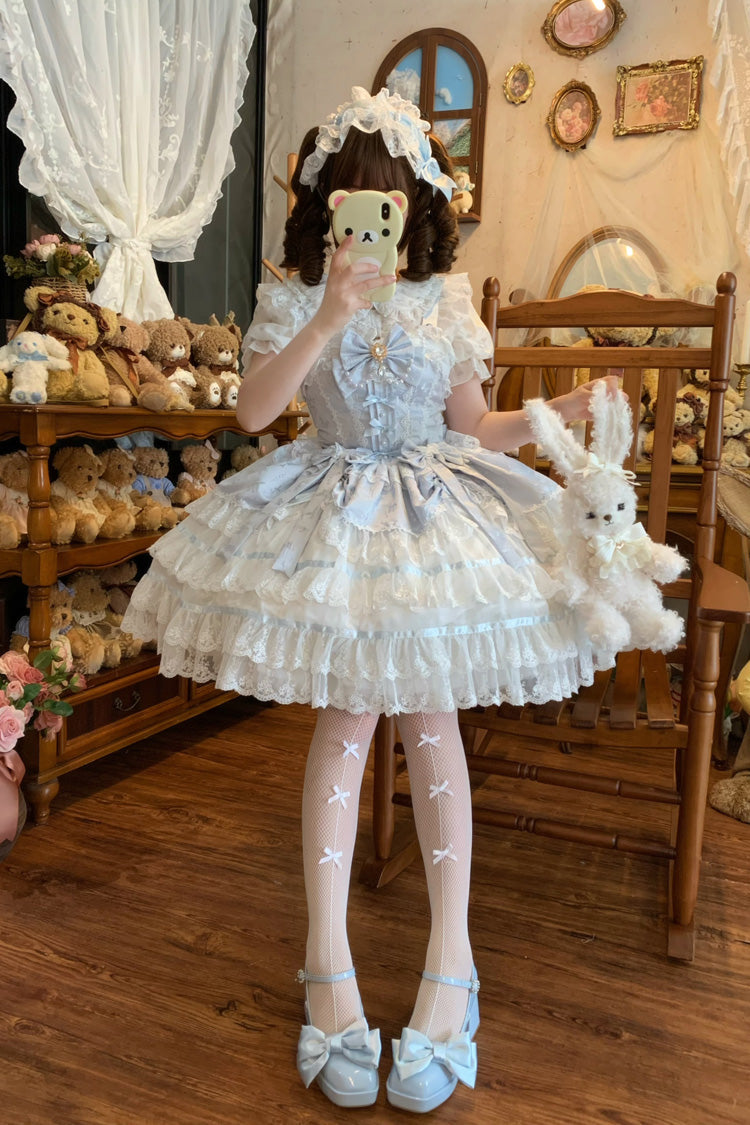 Blue Snow Kissed Romance Sleeveless High Waisted Multi-Layered Bowknot Lace Pearl Sweet Ballet Lolita Jsk Dress