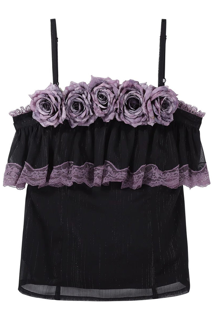 Black/Purple Angel Garden Sleeveless Print Ruffle Bowknot Lace Sweet Gothic Lolita Skirt Set