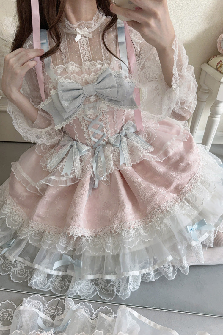 Pink Fleishi Island Sleeveless Ruffle Bowknot Lace Slim Sweet Ballet Lolita Jsk Dress