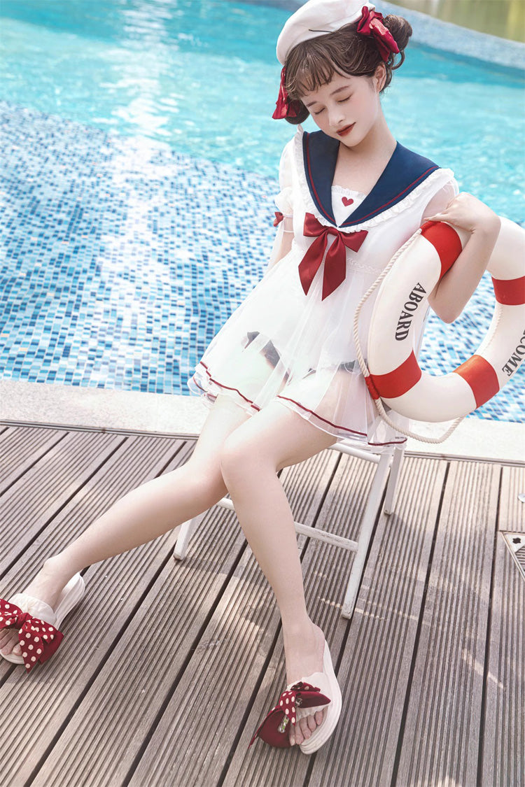 White/Blue/Red Bowknot Short Sleeves Navy Cute Sweet Lolita One Piece Swimsuit