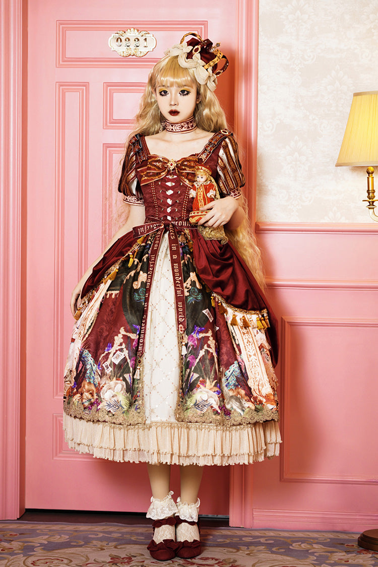 Red Kaleidoscope of Dreams Double-Layered Print Embroidery Bowknot Lace-Up Classic Vintage Gorgeous Lolita Dress