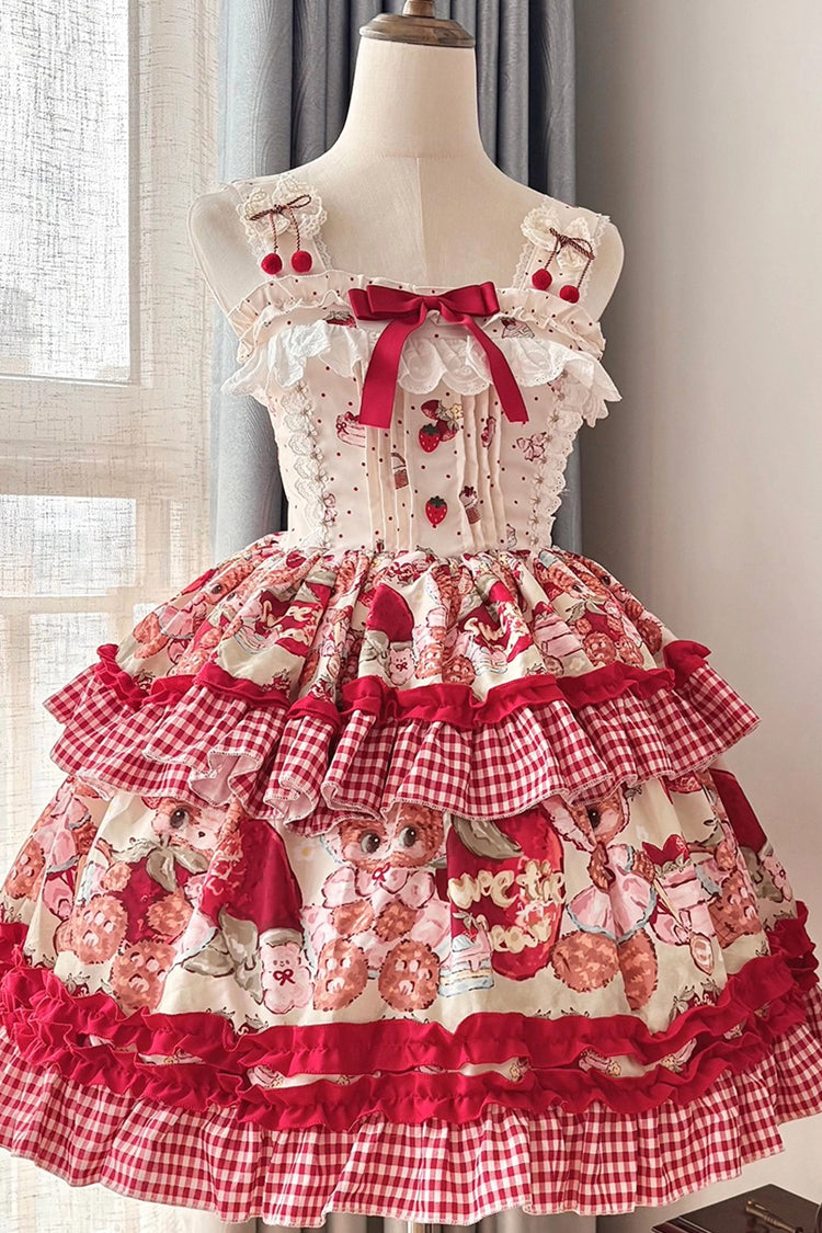 Red Strawberry Bear Sleeveless Double-Layered Print Ruffle Bowknot Sweet Princess Lolita Jsk Dress