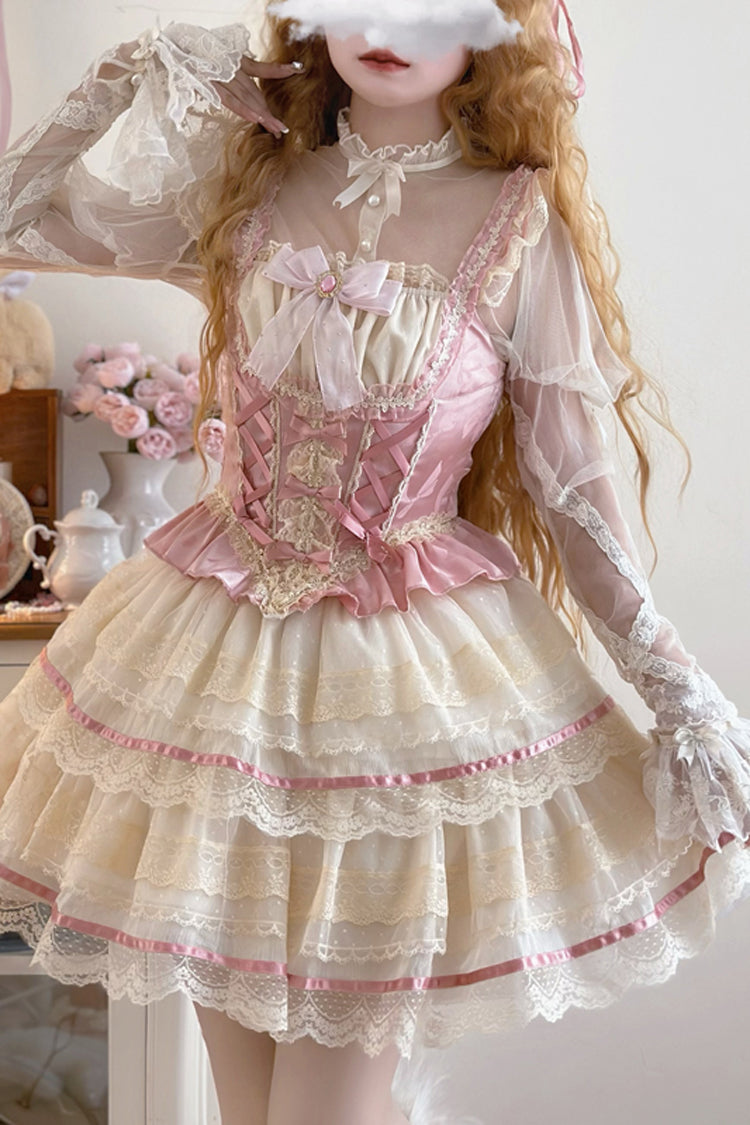 Pink Girl Love Double-Layered Bowknot Lace Sweet Ballet Lolita Skirt Set