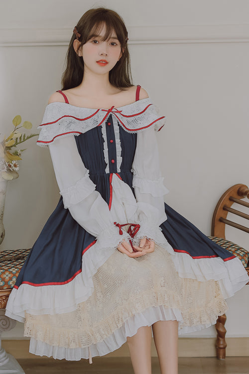 Blue/White Strapless Ruffled Long Sleeve ChiffonHigh Waisted Sweet Lolita Dress