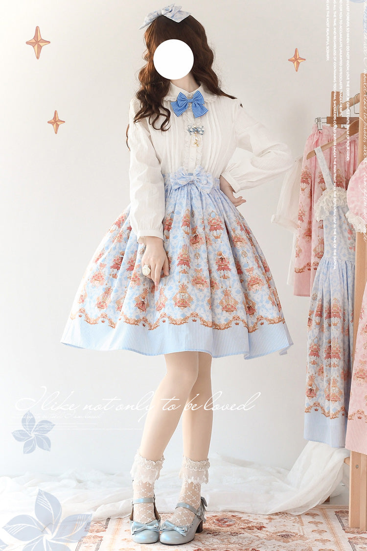 Blue Rose Garden Rabbit Print Ruffle Bowknot Sweet Lolita Dress