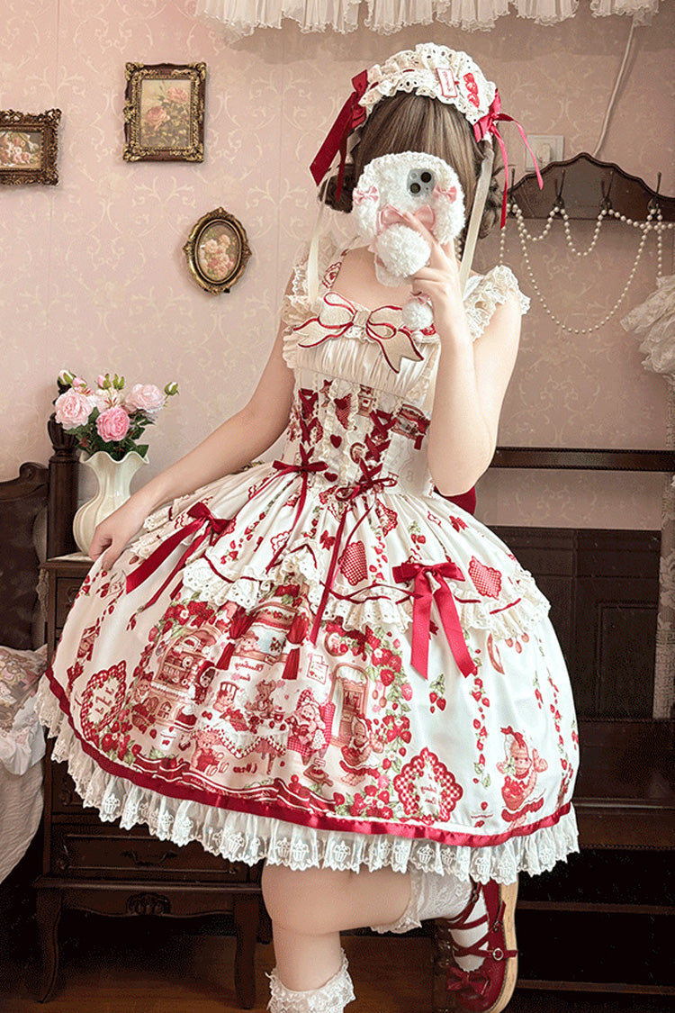 Ivory/Red Strawberry Bear Sleeveless Print Ruffle Embroidery Bowknot Lace Sweet Lolita Jsk Dress