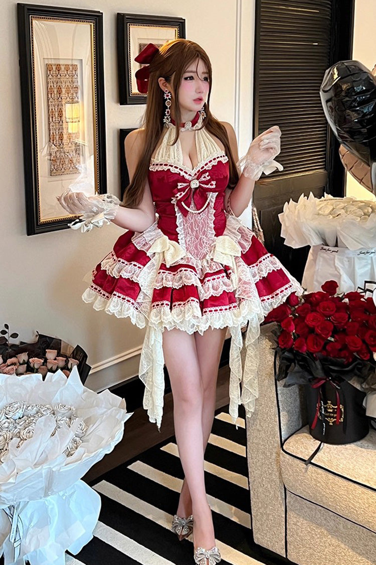 Red Beloved Young Lady Halterneck Sleeveless Double-Layered Ruffle Bowknot Lace Elegant Sweet Lolita Dress