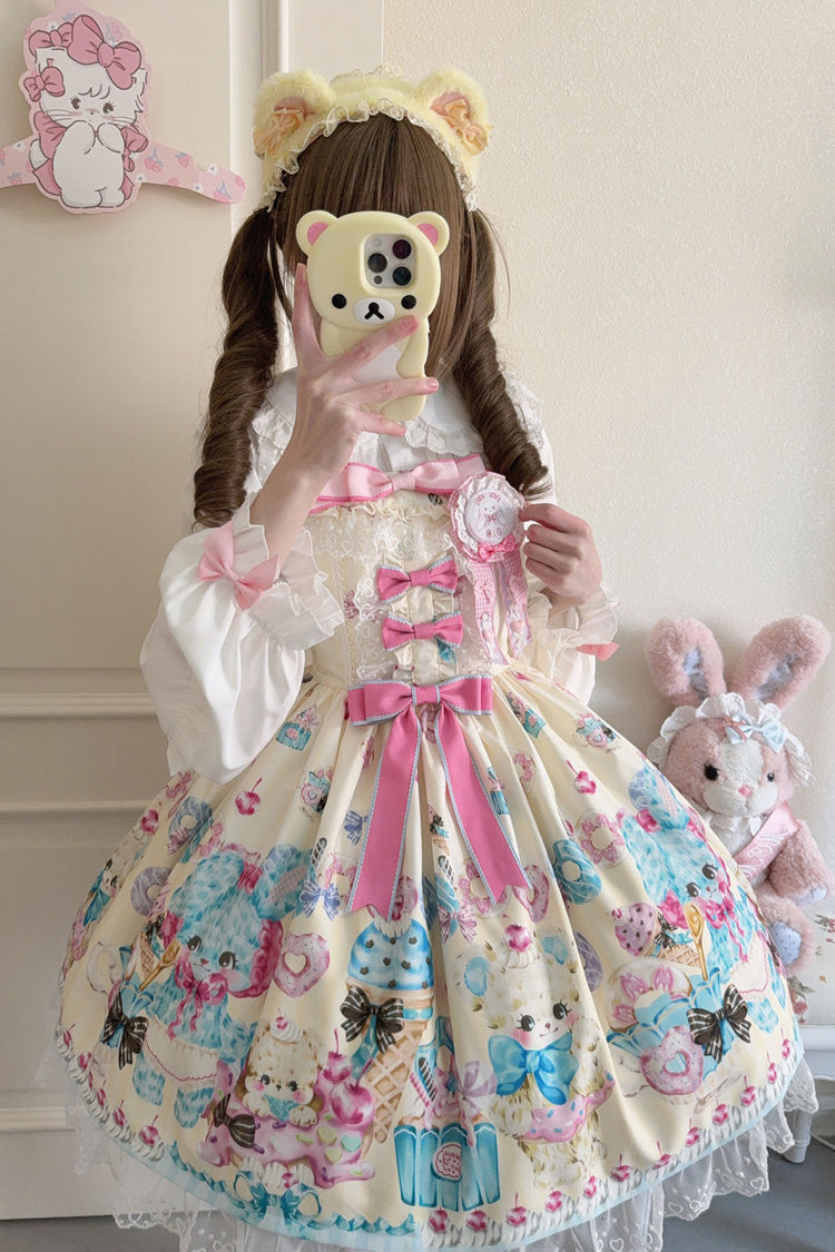 Yellow Floral Whisper Bear Print Ruffle Bowknot Lace Sweet Princess Lolita Jsk Dress