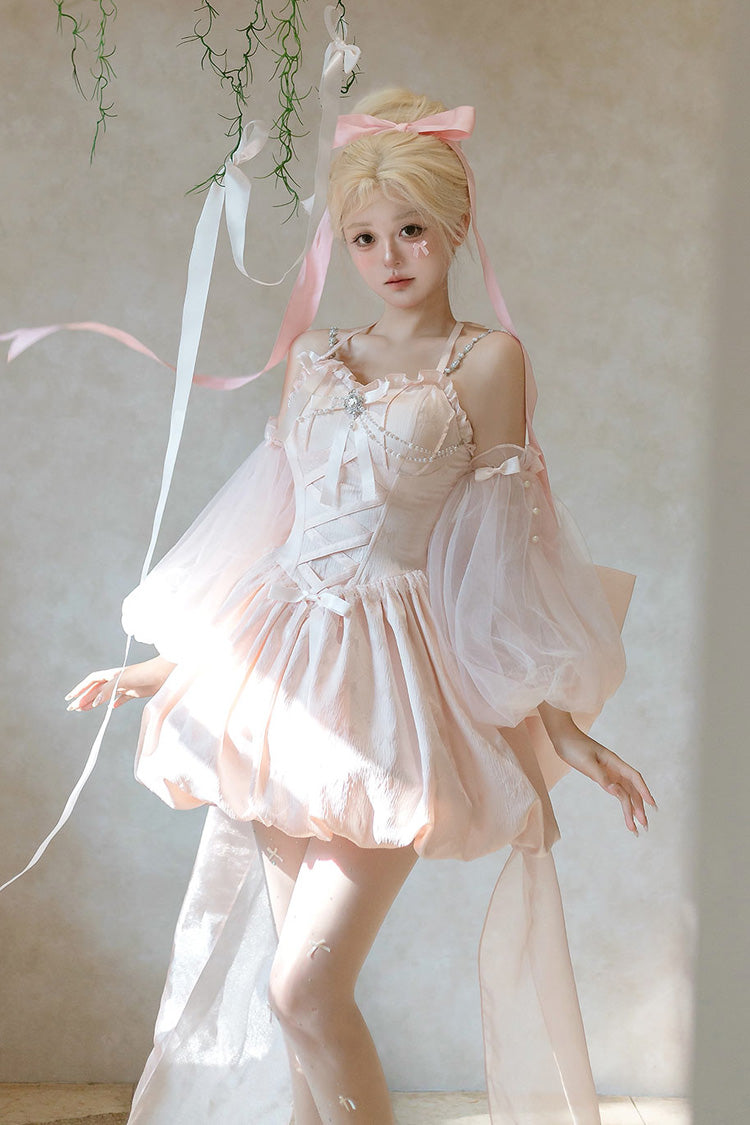 Pink The Runaway Princess Sleeveless Ruffle Bowknot Lace-Up Sweet Lolita Jsk Tulip Dress Set