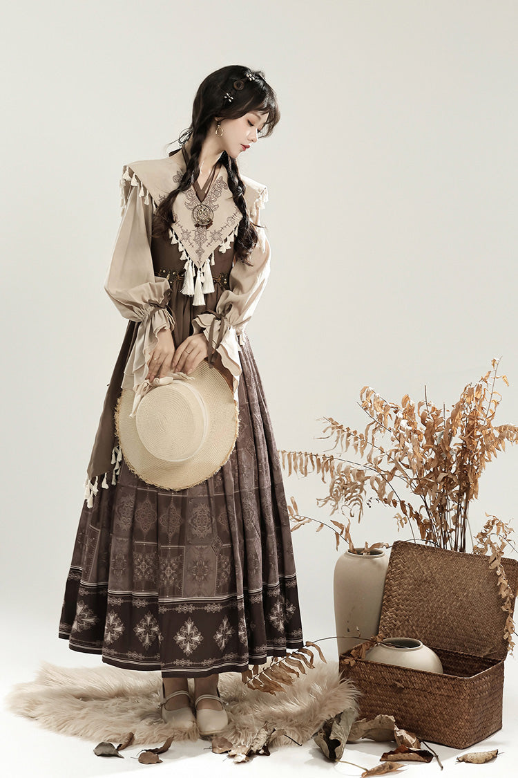 Brown Mysterious Tribe Long Lantern Sleeves Print Ruffle Asymmetric Sweet Chinese Style Lolita Dress