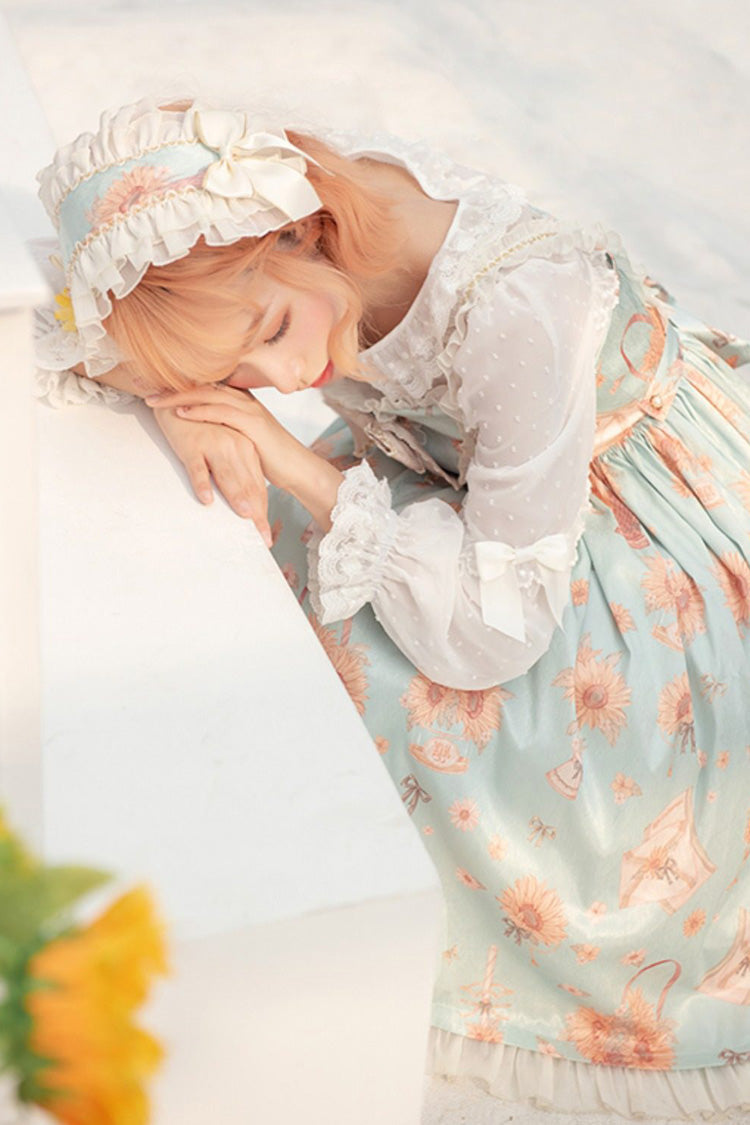 Green Miss Sunflower Sleeveless Printed Ruffled Bow Sweet Lolita Jsk Dress