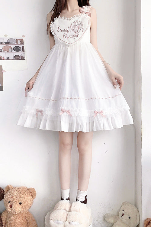 White Ruffled Shoulder Strap Heart Pattern Sweet Lolita JSK Dress