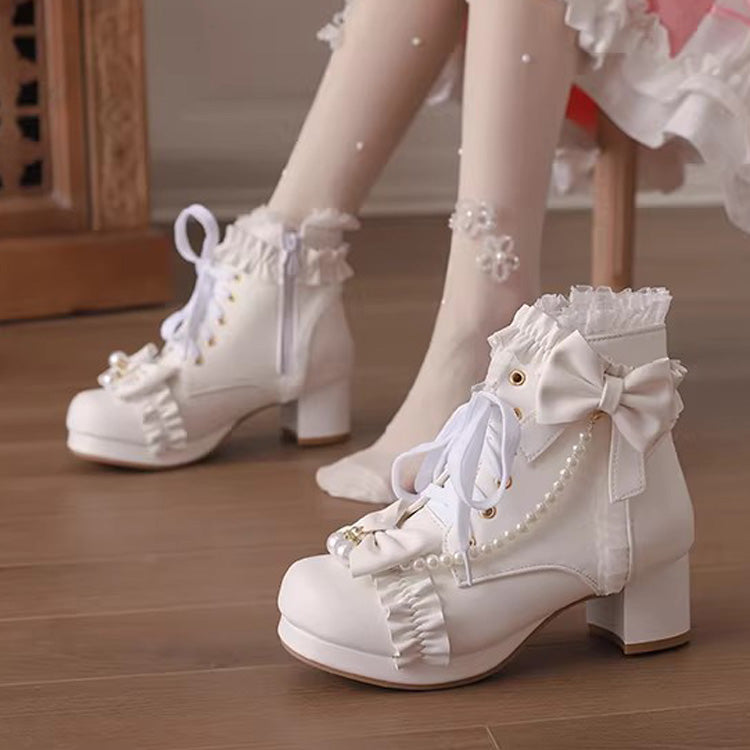 Sweet Ruffled Bow Pearl-Decorated Lolita Ankle Boots 3 Colors