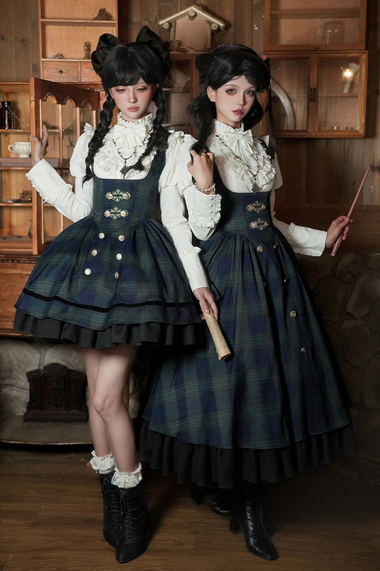 Blue/Green Berlin's letter Double-Layered Plaid Print Ruffle Bowknot Classic College Style Lolita Strap Dress Set 2 Versions