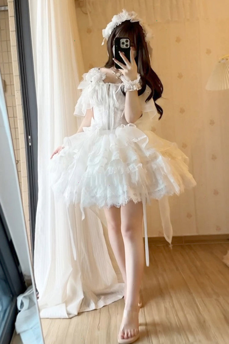 White Rose Memoirs Sleeveless Multi-Layered Bowknot Lace Sweet Lolita Skirt Set