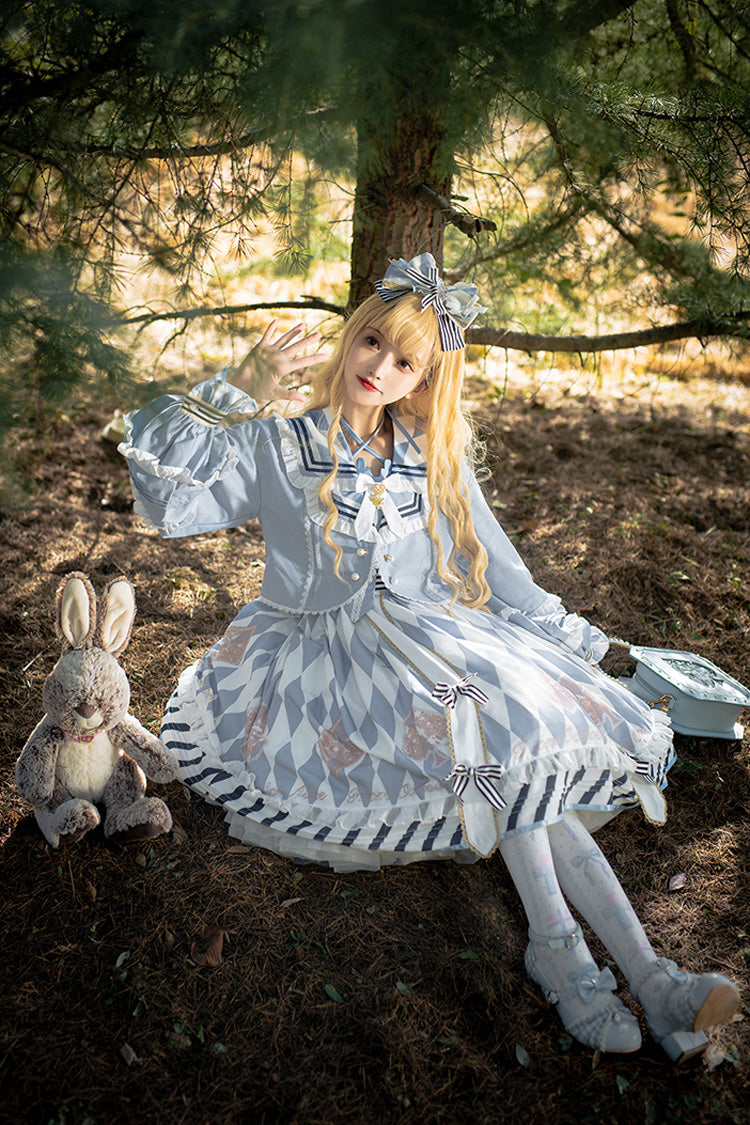 Light Blue Heart Print Bowknot Sweet Princess Alice Lolita Jsk Dress