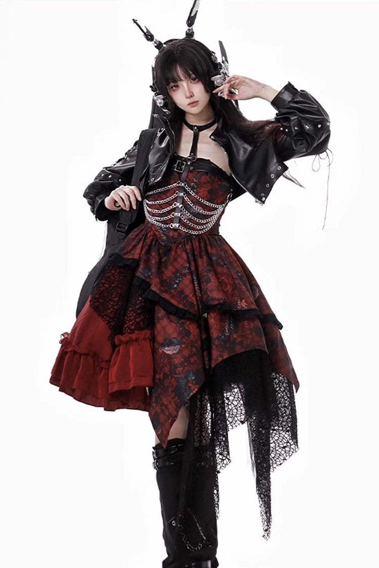 Red Strawberries of Blood and Tears Sleeveless Print Ruffle Bowknot Lace Asymmetric Gothic Lolita Jsk Dress