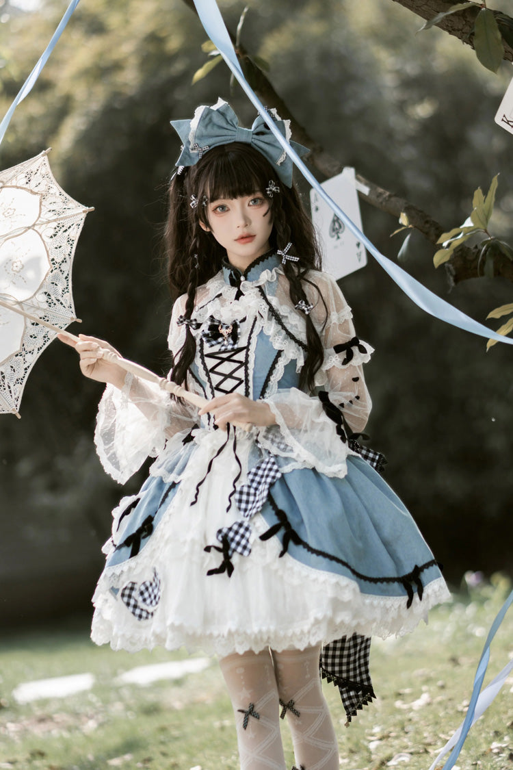 Blue Ruffle Bowknot Lace Sweet Chinese Style Elegant Princess Lolita Skirt (Includes Tops)