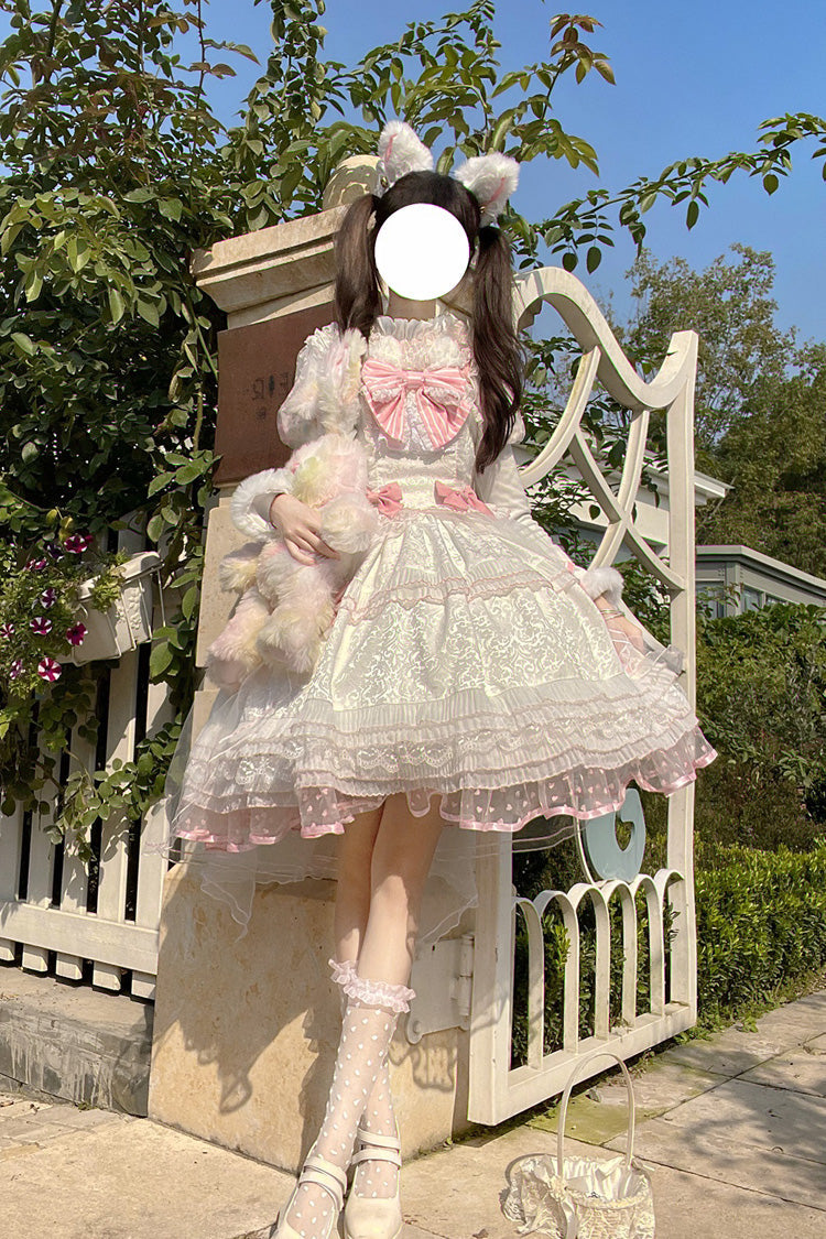 White/Pink Magic Meow Ruffle Bowknot Sweet Princess Lolita Jsk Dress