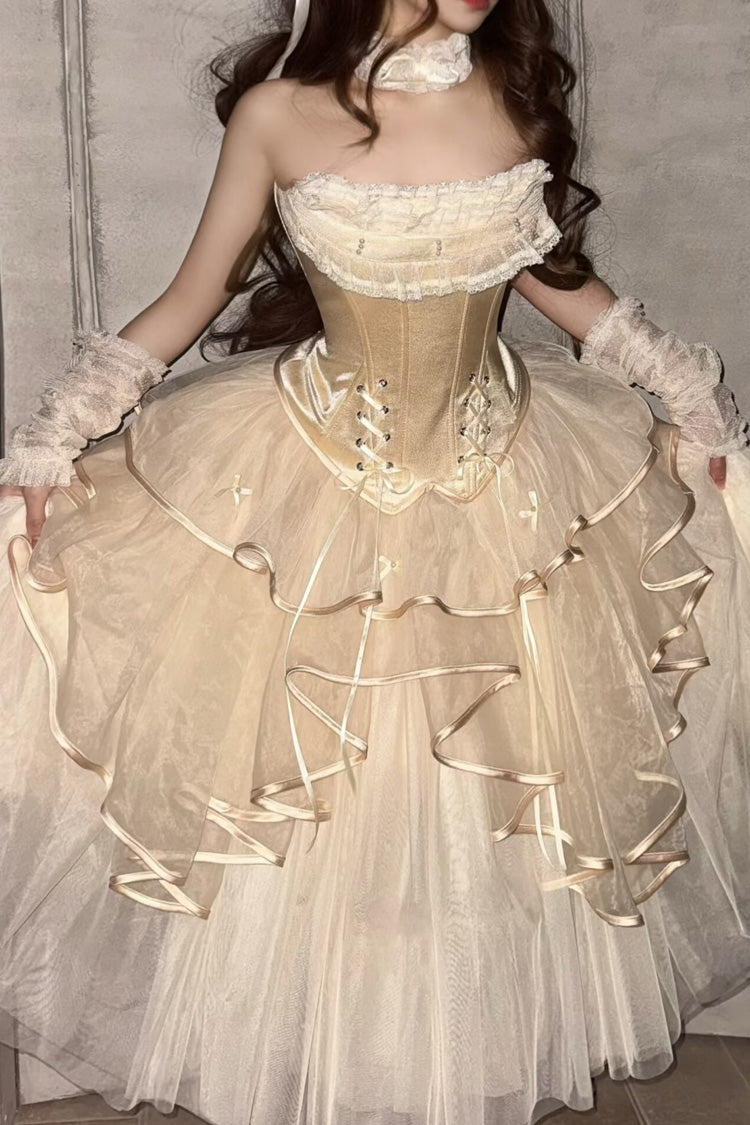 Ivory The Summer Waves Sparkle Square Collar Sleeveless Multi-Layered Ruffled Bow Lace-Up Slim Sweet Lolita Skirt Set