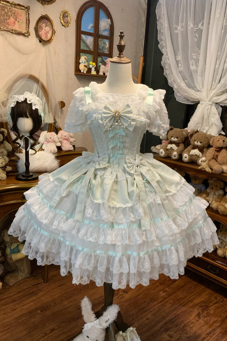 Green Snow Kissed Romance Sleeveless High Waisted Multi-Layered Bowknot Lace Pearl Sweet Ballet Lolita Jsk Dress