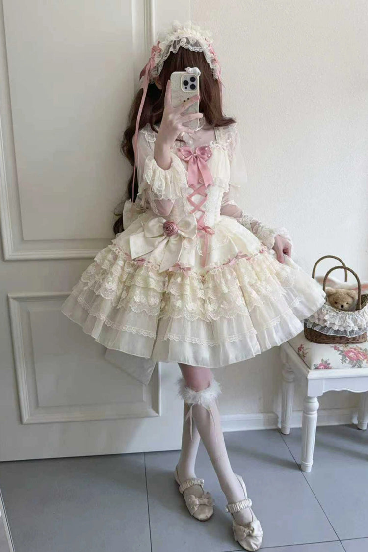 Apricot Rose Canticle Sleeveless Multi-Layered Bowknot Lace Lace-Up Pearl Ballet Sweet Lolita Jsk Dress