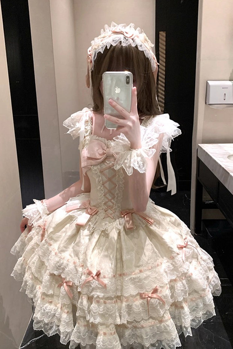 Apricot Flora Isle Butterfly Sleeveless Ruffle Bowknot Lace Lace-Up Sweet Elegant Lolita Jsk Dress