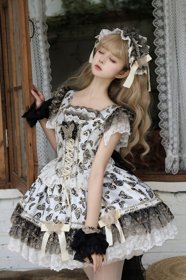 Cream Golden Spirit • Dream Butterfly Sleeveless Print Ruffle Bowknot Lace-Up Sweet Princess Lolita Jsk Dress Set